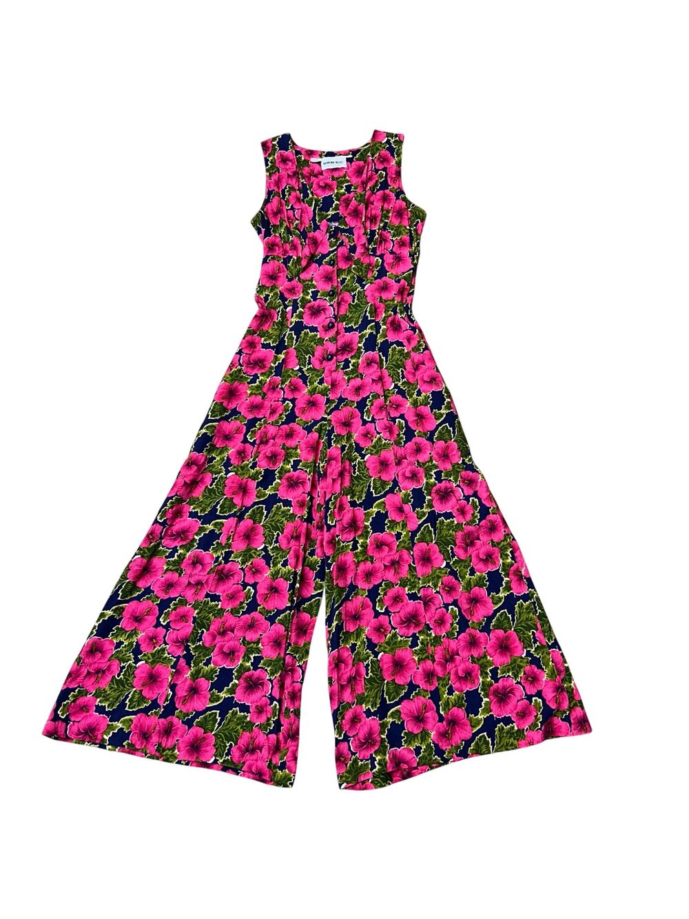 80s 90s Vintage Floral Wide Leg Jumpsuit Flowy Pink Blue Button Front Retro Boho